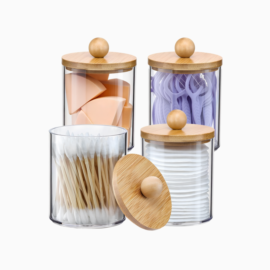 4 Pack Qtip Holder Dispenser with Bamboo Lids